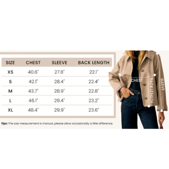 Women's Oversize Trench Coat Plaid Lining Lapel Button Down Casual Crop Jacket - Picture 8 of 8